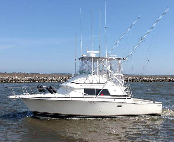 Instigator is 33’ Bertram Sportfisher with twin V8 Caterpillar engines.
